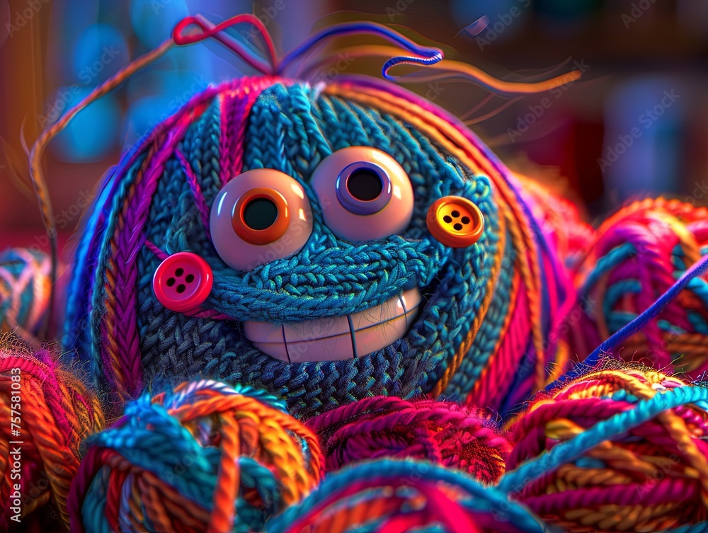 Smiling character in the form of a ball of yarn with button eyes. Abstract emotional face. Illustration for cover, card, postcard, interior design, banner, poster, brochure or presentation.