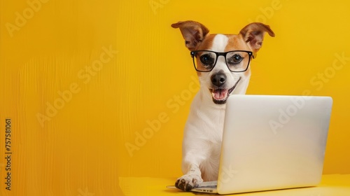 Cute dog looking at laptop in glasses on yellow background © buraratn