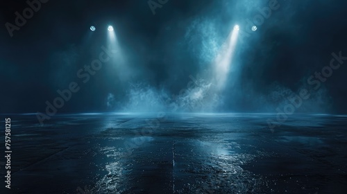 Dark street  wet asphalt  reflections of rays in the water. Abstract dark blue background  smoke  smog. Empty dark scene  neon light  spotlights. Concrete floor