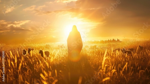Jesus Christ flock and praying to Jehovah God and bright light sun and Jesus silhouette background in the field photo