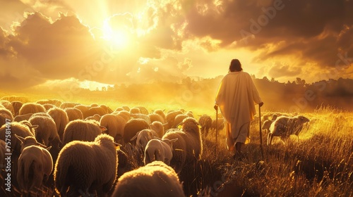 Jesus Christ flock and praying to Jehovah God and bright light sun and Jesus silhouette background in the field