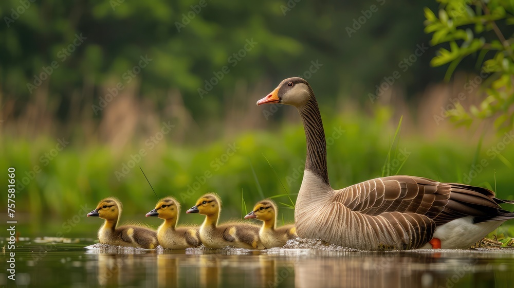 Parent Greylag Goose (Anser anser) out with their young goslings. Gelderland in the Netherlands. Parent Greylag Goose (Anser anser) out with their young goslings. Gelderland in the Netherlands.
