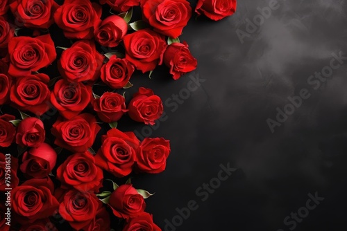 A lush array of red roses with a dramatic dark backdrop. Elegant Red Roses on Dark Background