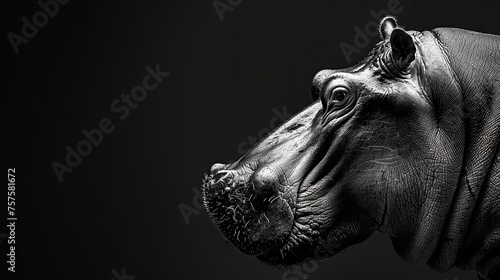 The muzzle of a hippopotamus. A close-up of a hippo in monochrome. A wild animal in its natural habitat. Illustration for cover, card, postcard, interior design, decor or print.