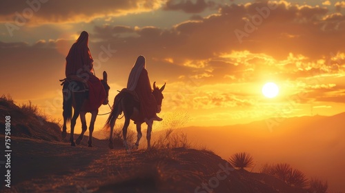 Silhouette Mary and Joseph journeying through the dessert with a donkey on sunset looking for a place to stay © buraratn
