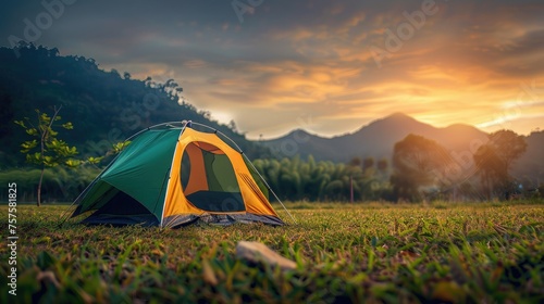 Small Yellow and Green Camping Tent Picnic on green lawn behind mountain sunrise morning sky background, Recreation and outdoor travel concept.