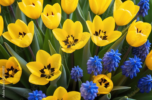 Spring floral background made of yellow tulips and blue muscari. Spring, women's day concept