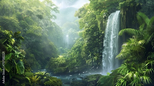 Lush rainforest landscape with a waterfall and exotic wildlife  depicting biodiversity and natural beauty.