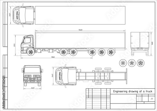 Vector engineering drawing of truck with trailer 
with dimensional lines
and numerical values of vehicle dimensions.
Cad scheme. Mechanical background. Design documentation.