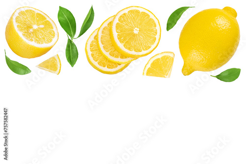 Ripe lemon with slices isolated on white background with full depth of field. Top view with copy space for your text. Flat lay