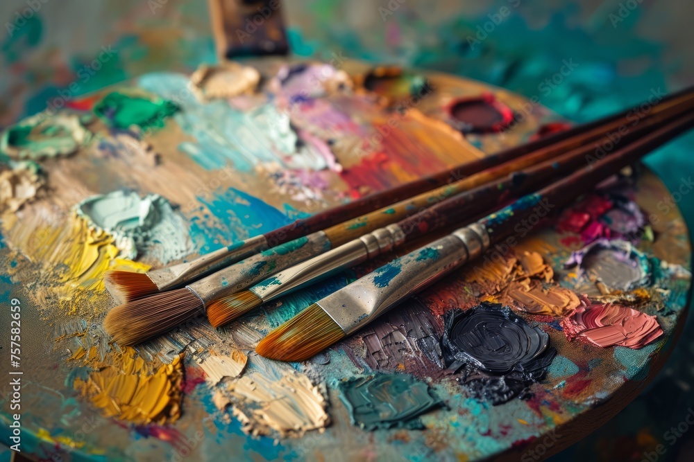 Paint palettes, with various brushes