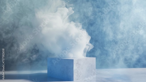 Minimalist cube podium with serene sky-blue smoke background, suitable for simple yet elegant product presentations.