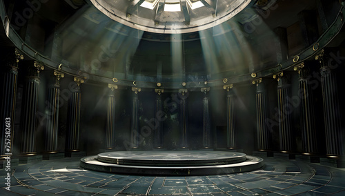 A dark circular room with columns and an empty stage, reminiscent of ancient Greek architecture, creates a fantasy-like atmosphere. The classic design features a background podium column.