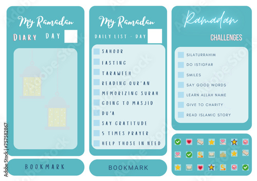 Ramadan activities card for kid, includes Ramadan challenges, to do list, diary, sticker and bookmark for mobile application template.