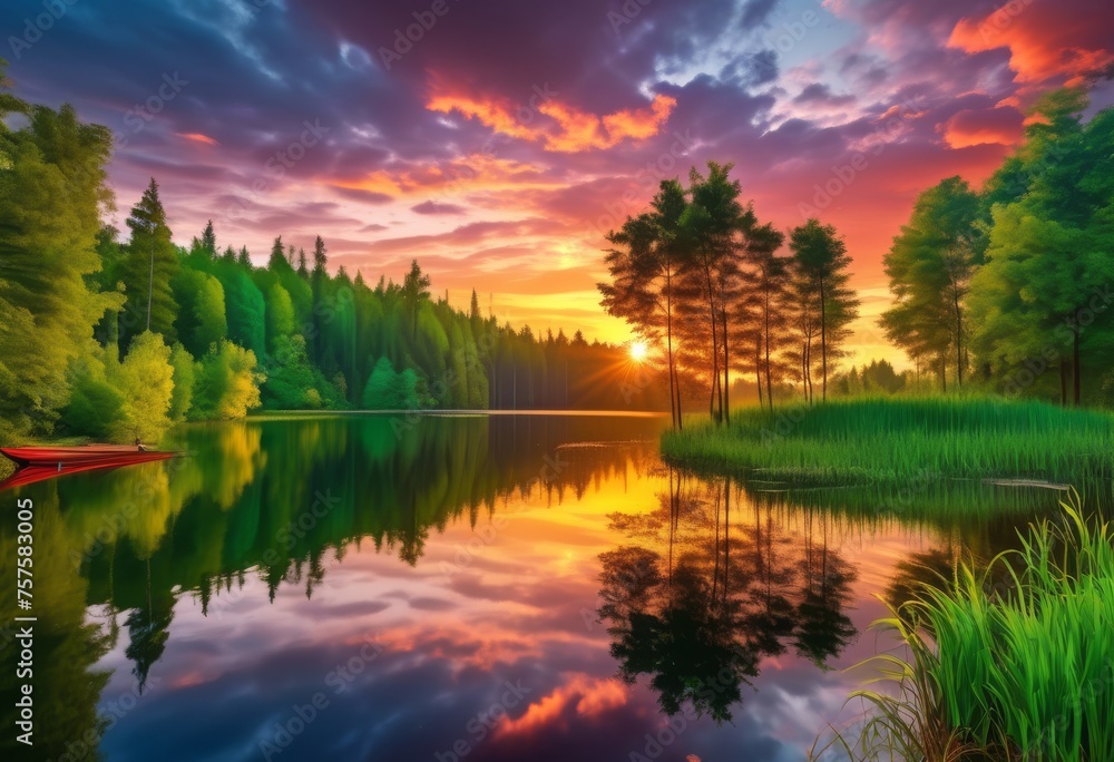 illustration, mosaic, sunset, picture, environment, calm, landscape, lake, majestic, water, trees, forest, reflections, peaceful, horizon, serene, natural, scenery, tranquil, picturesque, beauty