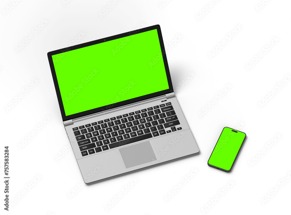 3D Render of laptop and phone with green screen on a transparent background 3D Render of laptop and phone with green screen on a transparent background