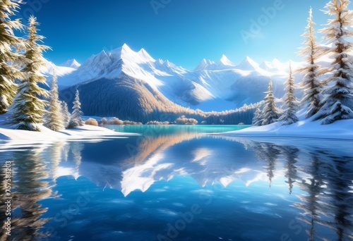 illustration  serene mountain lake reflecting snowy peaks clear tranquil winter landscape scene  cold  crisp  fresh
