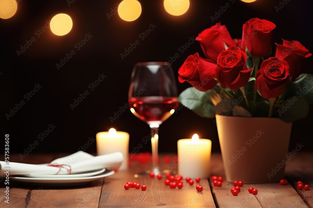 A romantic dinner setup with red roses, wine, and candles, creating a perfect valentine's ambiance. Elegant Valentine's Dinner A romantic dinner setup with red roses, wine, and candles, creating a perfect valentine's ambiance. Elegant Valentine's Dinner