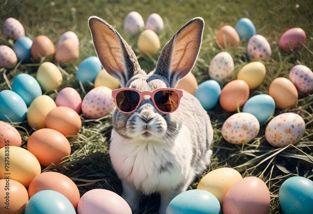 A rabbit with long ears wearing sunglasses surrounded by colorful Easter eggs and flowers in a field