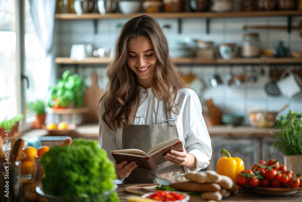 A joyful woman in an apron reads a cookbook in a sunlit kitchen filled with fresh vegetables and a warm, homey ambiance.
