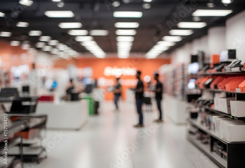 Blurred image of a tech store interior, generative AI © Zohaib