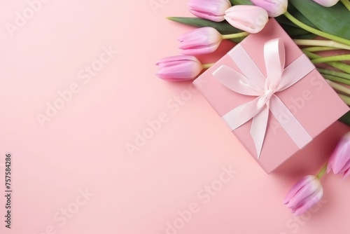 Stylish pink gift box tied with ribbon alongside beautiful tulips on a matching pastel background. Pink Gift Box with Elegant Tulips