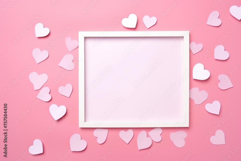 Empty photo frame surrounded by white and pink hearts on a pink background. Valentine's Day Love Hearts and Photo Frame