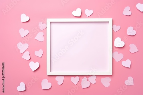 Empty photo frame surrounded by white and pink hearts on a pink background. Valentine's Day Love Hearts and Photo Frame © Оксана Олейник
