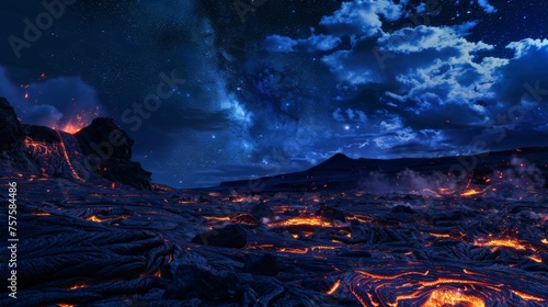 Peaceful scene contrasting a cold, starry night sky with the warm, glowing lava on the ground.