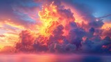 The sky is filled with billowing cumulus clouds, creating a stunning sunset over the natural landscape. The orange hues blend with the heat of dusk, painting a beautiful horizon .jpeg