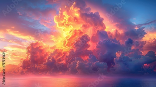 The sky is filled with billowing cumulus clouds, creating a stunning sunset over the natural landscape. The orange hues blend with the heat of dusk, painting a beautiful horizon .jpeg photo