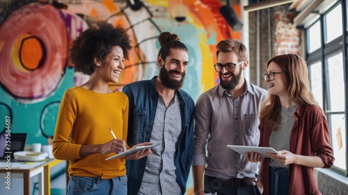 A cheerful group of young professionals uses tablets in front of a colorful mural, radiating creativity and collaboration. AIG41