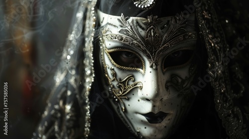 Portrait of a mysterious figure wearing a traditional Venetian mask, with a moody, dark background.