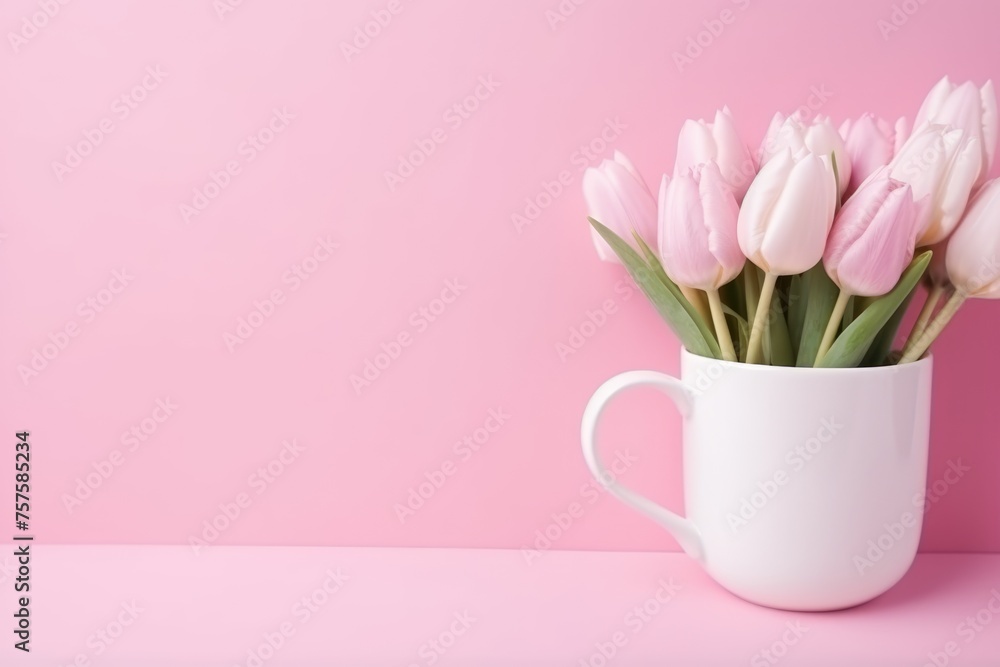 Delicate pink tulips arranged in a clean white mug on a matching pink surface against a harmonious pink background. Soft Pink Tulips in a Sleek White Mug