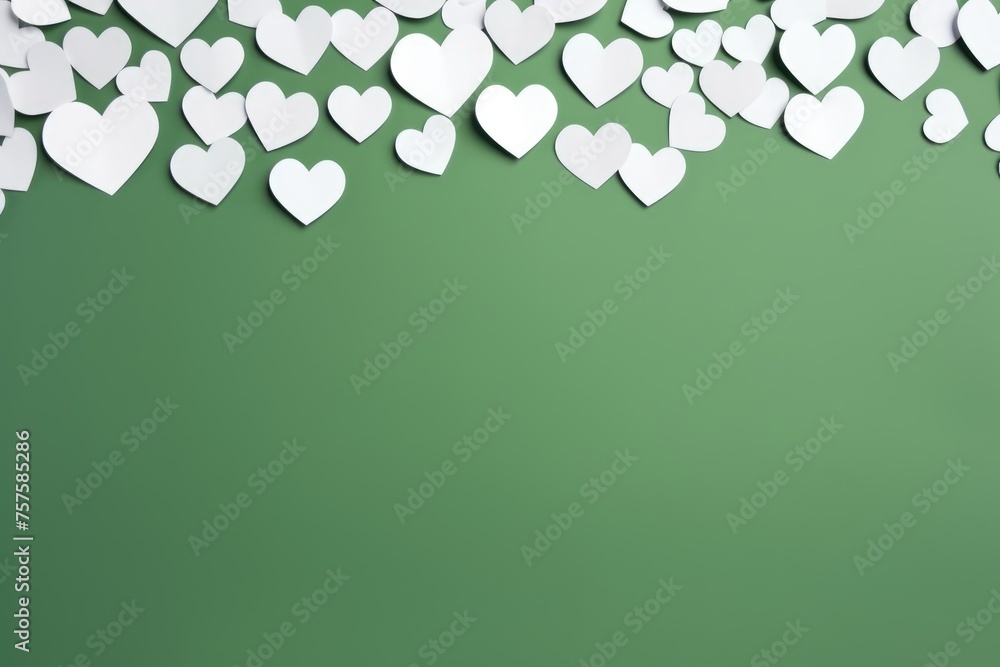 White paper hearts bordering the top of a green background with space below. White paper hearts bordering the top of a green background with space below.