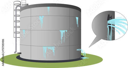 A large white water tank that leaked and flowed water, wastewater treatment plant. Water purification tank