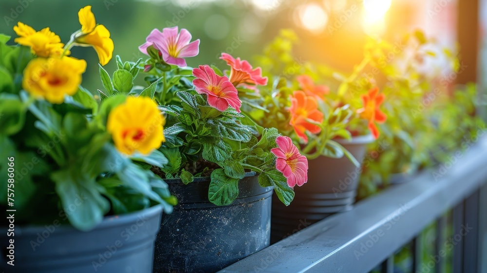 Row of Potted Flowers on Balcony
