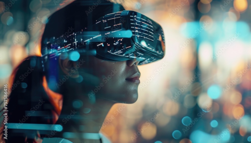Woman wearing virtual reality headset with illuminated digital graphics. Technology and VR concept for design and advertising. The Digital Wellness Space Woman wearing virtual reality headset with illuminated digital graphics. Technology and VR concept for design and advertising. The Digital Wellness Space