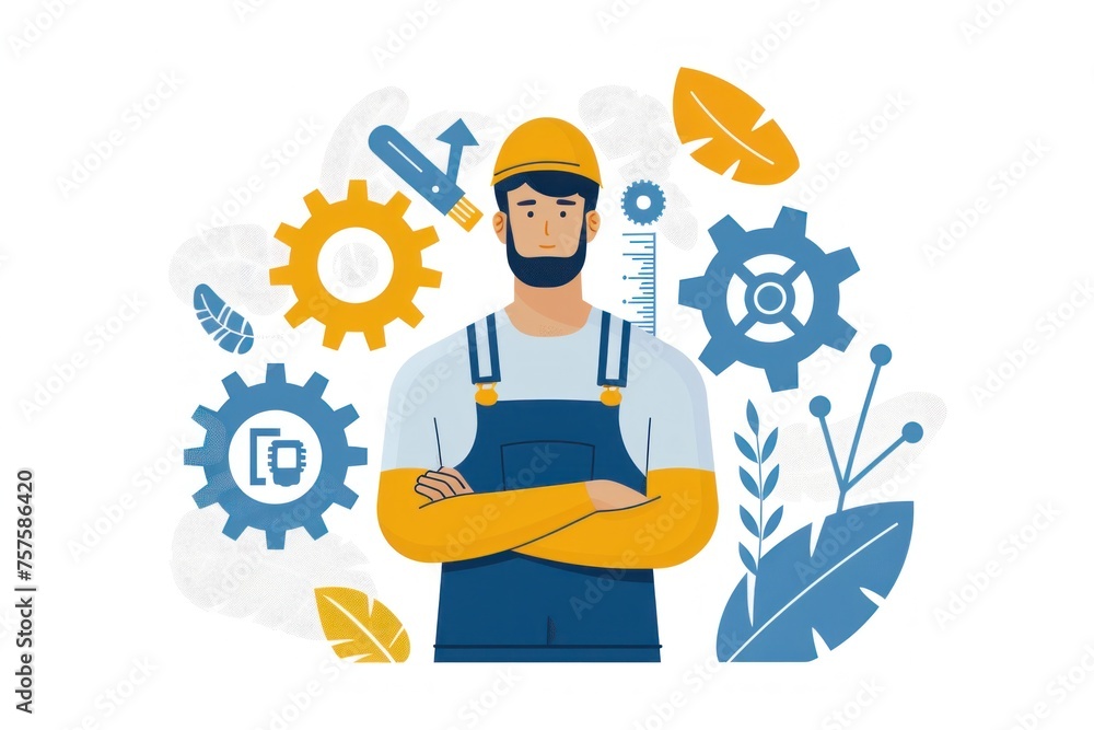 a man in overalls and a hard hat is surrounded by gears and leaves
