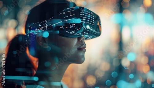 Woman wearing virtual reality headset with illuminated digital graphics. Technology and VR concept for design and advertising. The Digital Wellness Space