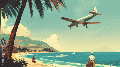 a vintage-style travel poster depicting a tropical beach scene with a plane flying overhead, palm trees, a woman standing on the shore, and a man with luggage looking out at the sea