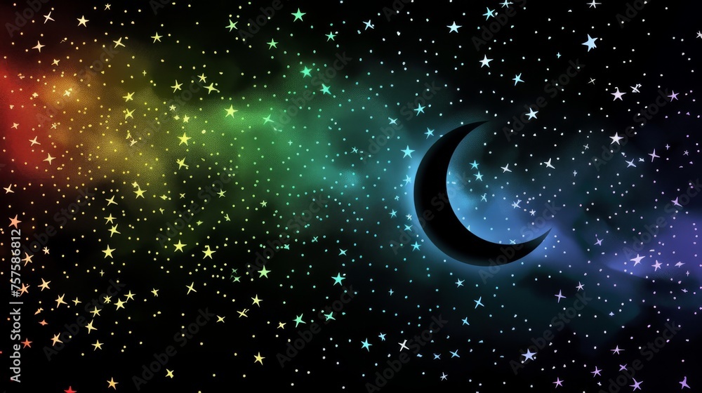 Romantic night sky with stars and moon on a black background enhanced by soft rainbow hues. Romantic night sky with stars and moon on a black background enhanced by soft rainbow hues.