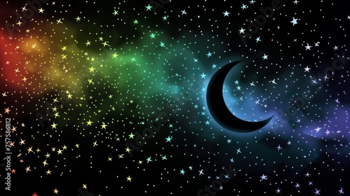 Romantic night sky with stars and moon on a black background enhanced by soft rainbow hues.