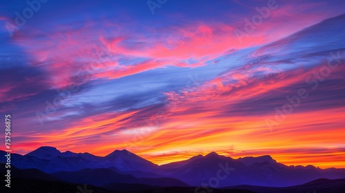 Romantic sunset landscape with silhouetted mountains and vibrant skies. © furyon