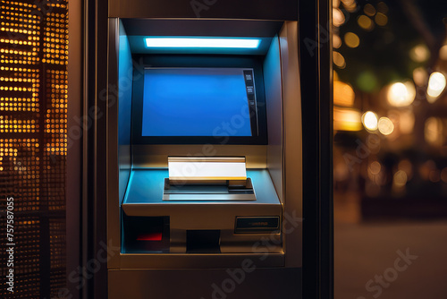 ATM automated teller machine on a blurred evening city street background.Generative AI photo