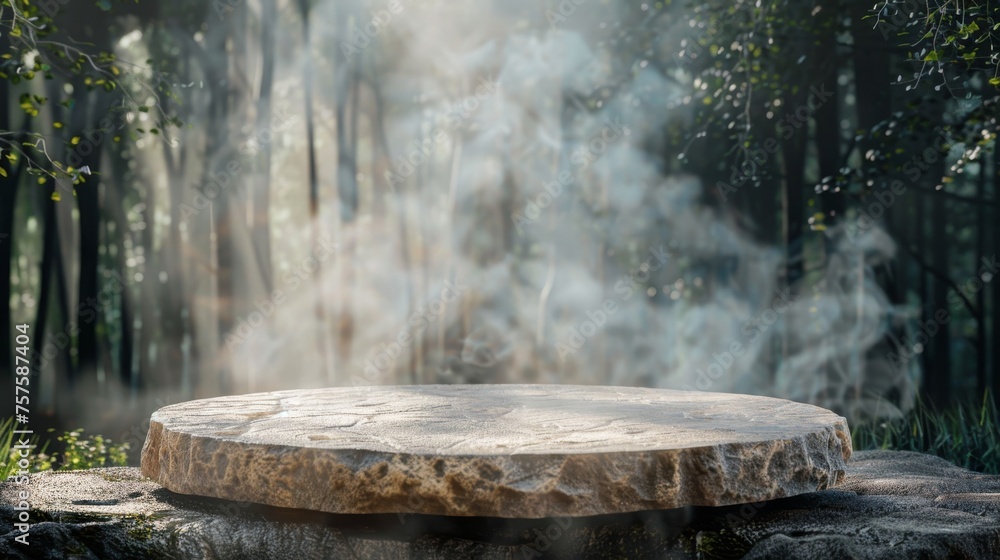 Rustic stone podium with misty forest smoke background, perfect for organic skincare product presentations. Rustic stone podium with misty forest smoke background, perfect for organic skincare product presentations.