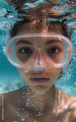 Vertical Underwater Portrait of Young Girl with Sea Goggles