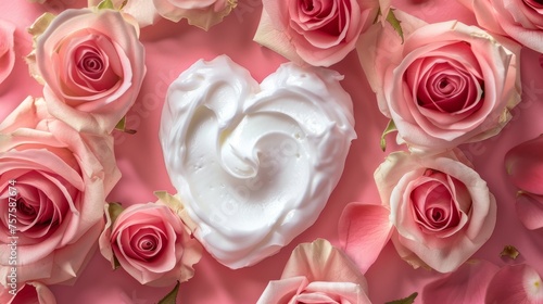 Sensual white skincare cream in a heart shape on a romantic rose background.