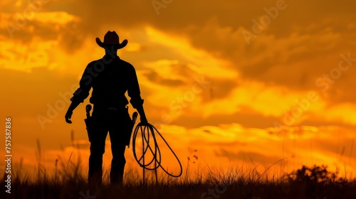 Silhouette of a cowboy holding a lasso rope, symbolizing the wild west and adventure. photo