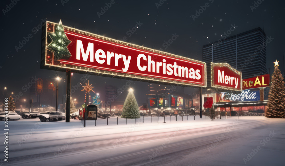 Obraz premium merry christmas sign or merry christmas billboard or santa claus with a banner or santa claus with sign or city sign or welcome to city or neon merry christmas, merry christmas sign on a wall